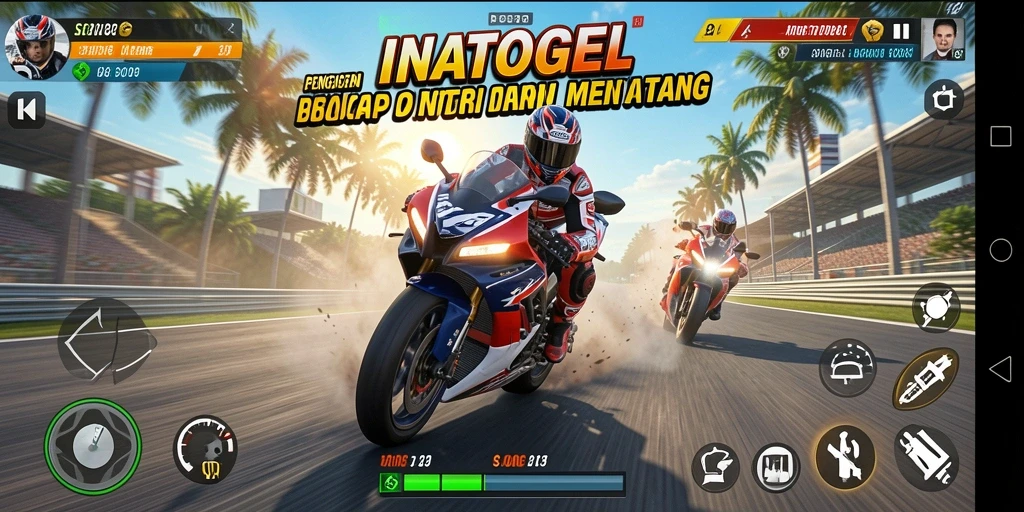 Screenshot INATOGEL yang menampilkan aksi balap motor yang intens.