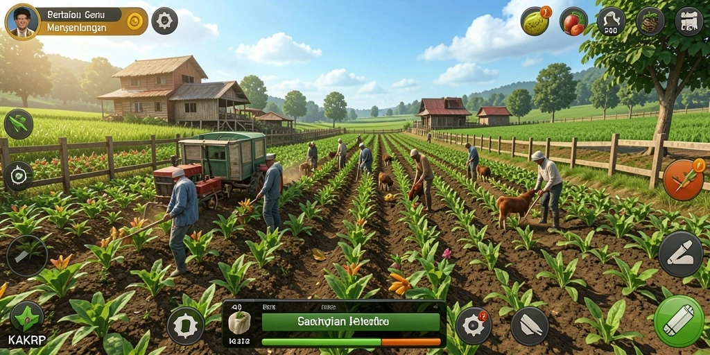 Screenshot gameplay KAKRP dengan aktivitas bertani yang seru.